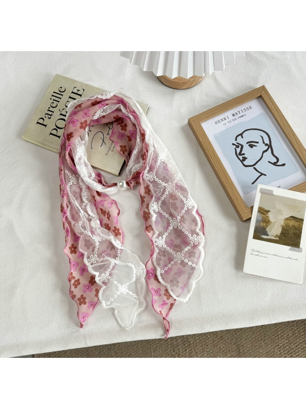Scarvii - Lace Double Layer Floral Long Narrow Scarf