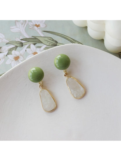 Earwish Oval Green Top Earrings front view with gold-tone setting