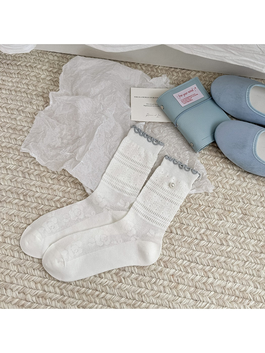 Rufia - Bow and Embroidery Detail Openwork Crew Socks