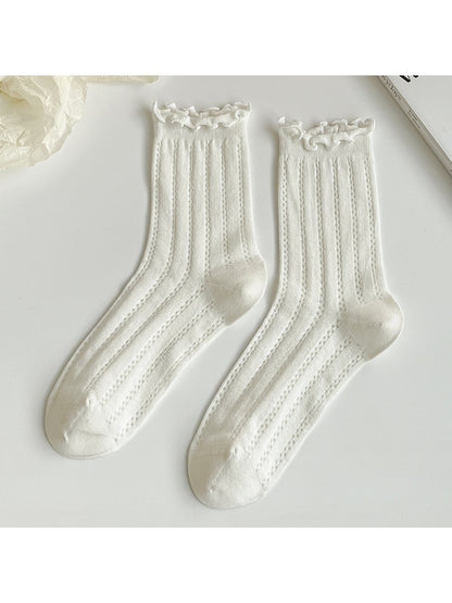 Rufia - Solid Color Openwork Ribbed Ruffle Cuff Crew Socks