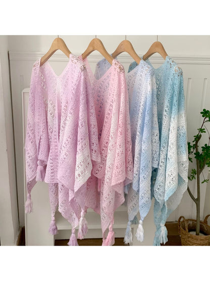 Scarvii - Gradient Openwork Tassel Trim Cape Shawl