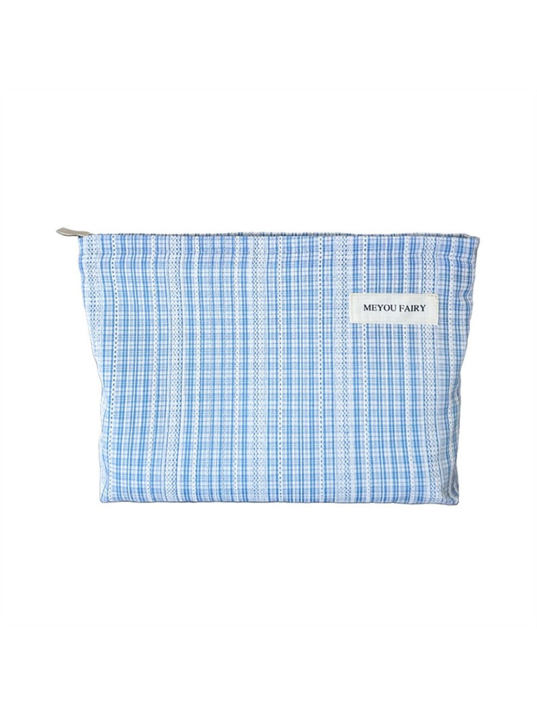 Cosbai blue check cosmetic bag standing upright with visible zipper on top
