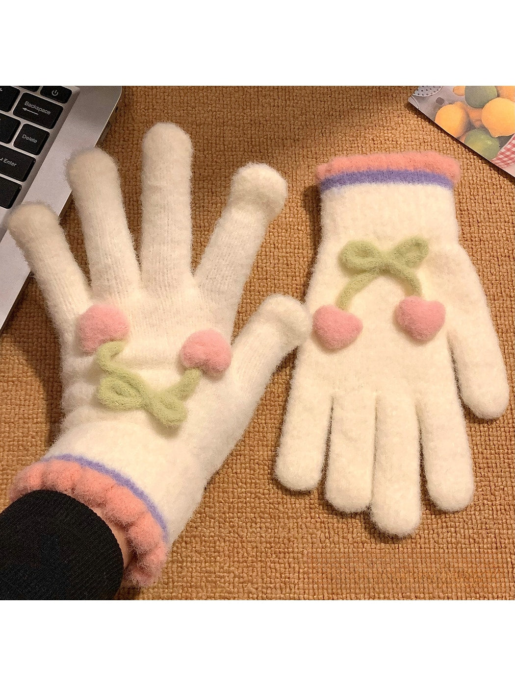Gloving - Cherry Detail Five-Finger Winter Gloves