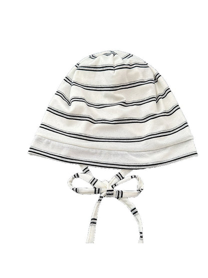 Haila - Striped Tie Strap Round Crown Knit Hat