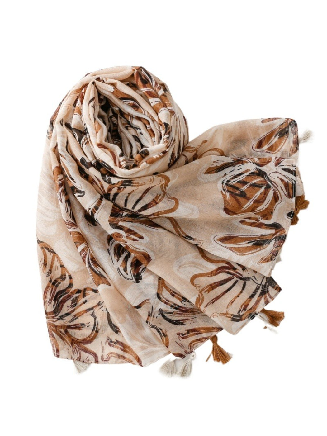 Model wearing Scarvii botanical flower wrap scarf styled around the neck with floral design visible