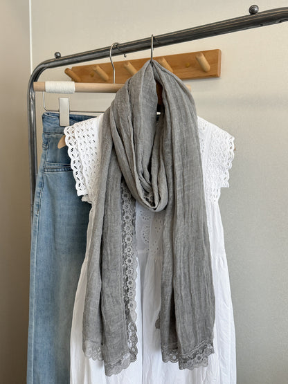 Scarvii - Lace Trim Crinkle Long Scarf