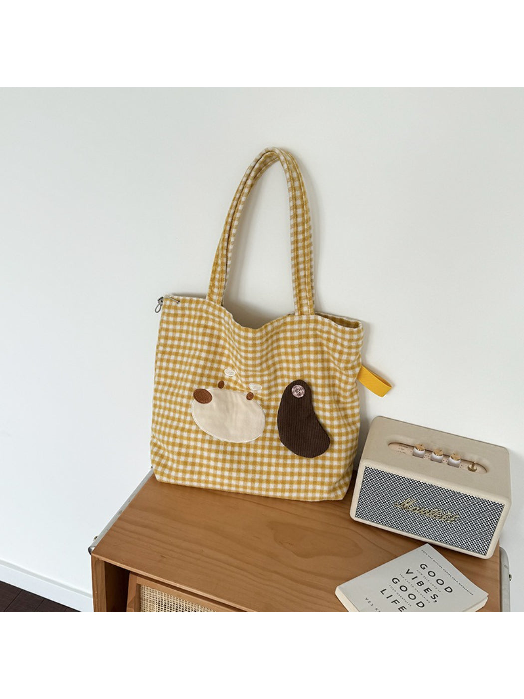 Side view of Cosbai Puppy Gingham Drawstring Tote showing drawstring closure