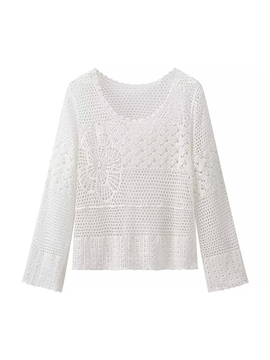 Crosa - Hollow Knitted Round Neck Long-Sleeve Top Sweater