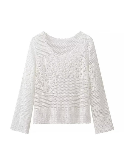 Crosa - Hollow Knitted Round Neck Long-Sleeve Top Sweater