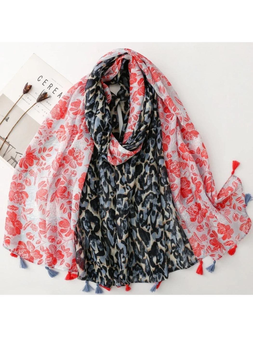 Scarvii - Floral Leopard Print Tassel Wrap Scarf