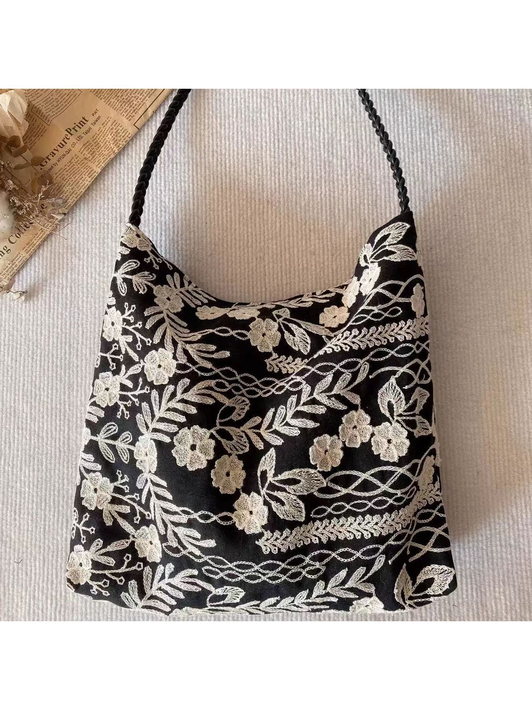 Cosbai - Soft Floral Embroidered Daily Tote Bag