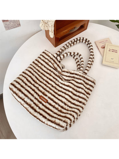 Cosbai - Soft Striped Fuzzy Shoulder Tote Bag