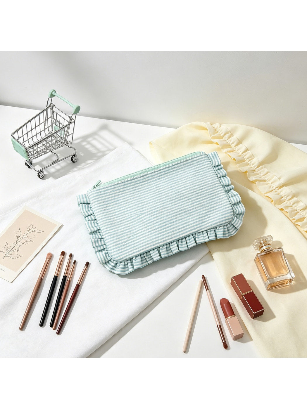 Cosbai - Pastel-toned Striped Ruffle Trim Zip Pouch