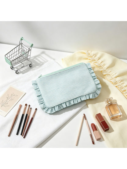 Cosbai - Pastel-toned Striped Ruffle Trim Zip Pouch