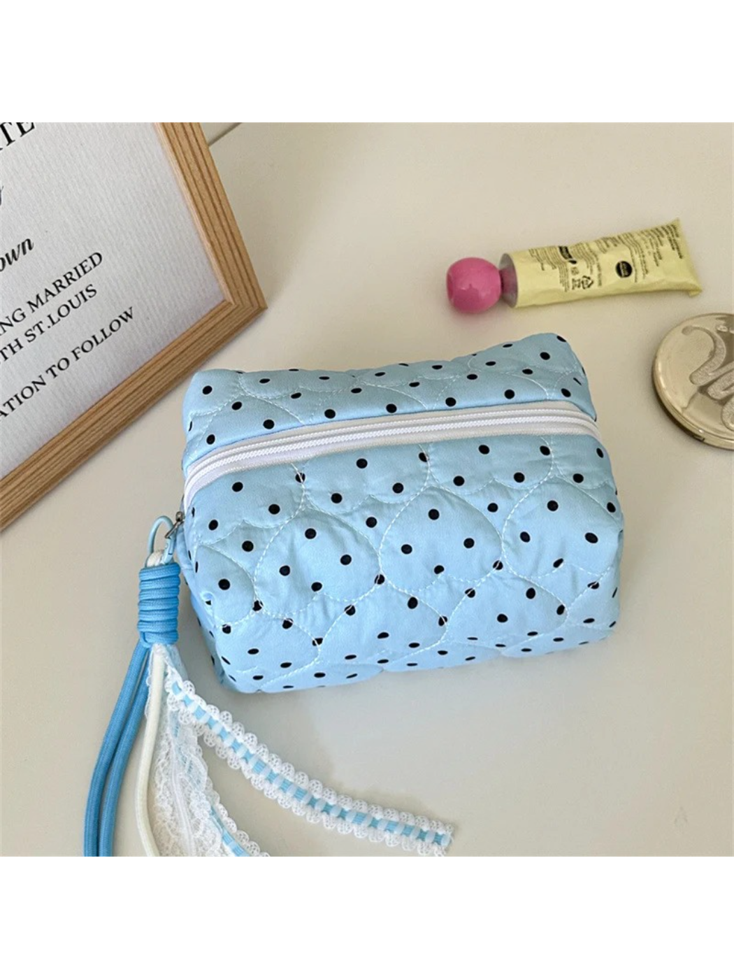 Cosbai - Polka Dot Heart-Quilted Makeup Bag