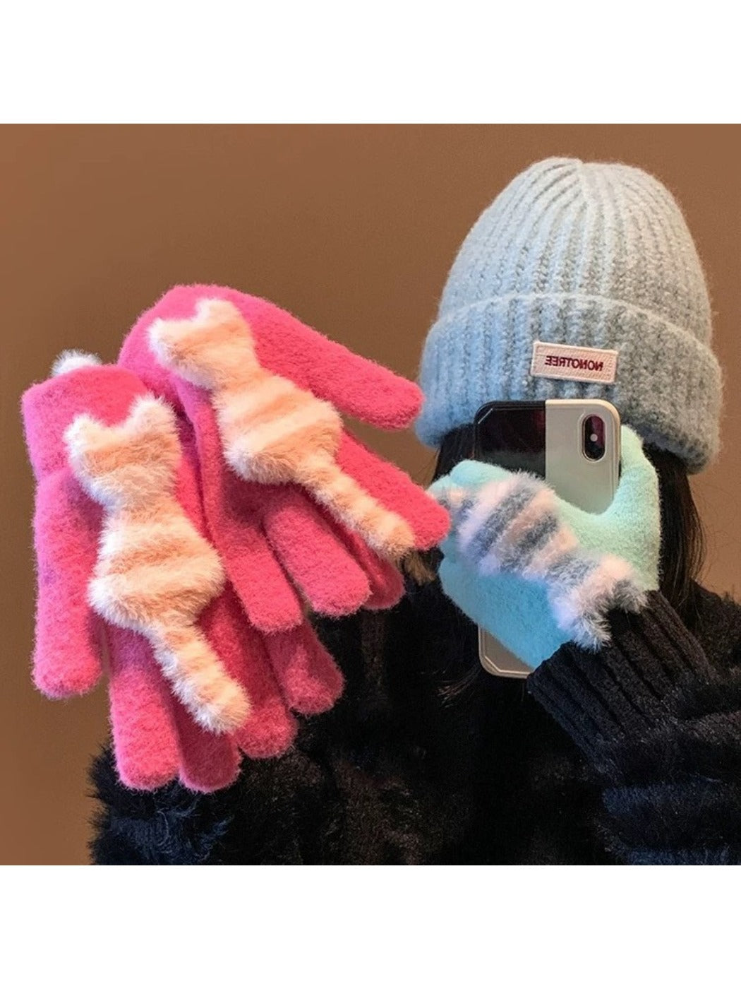 Gloving - Cozy Cat Striped Knit Gloves for Women