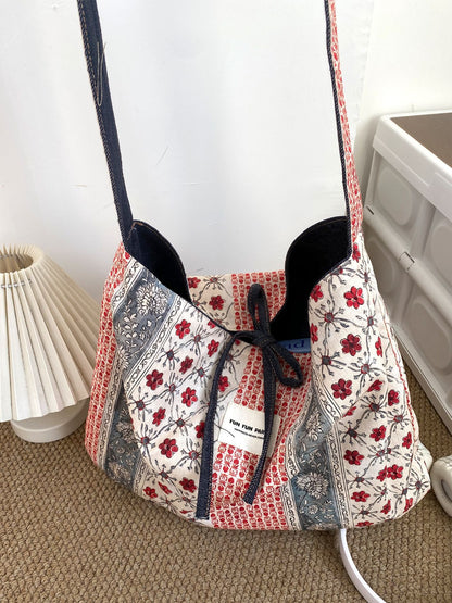 Cosbai reversible patchwork shoulder bag styled with casual outfit