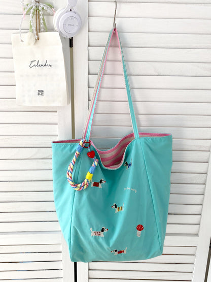Cosbai puppy print tote bag displayed with matching accessories