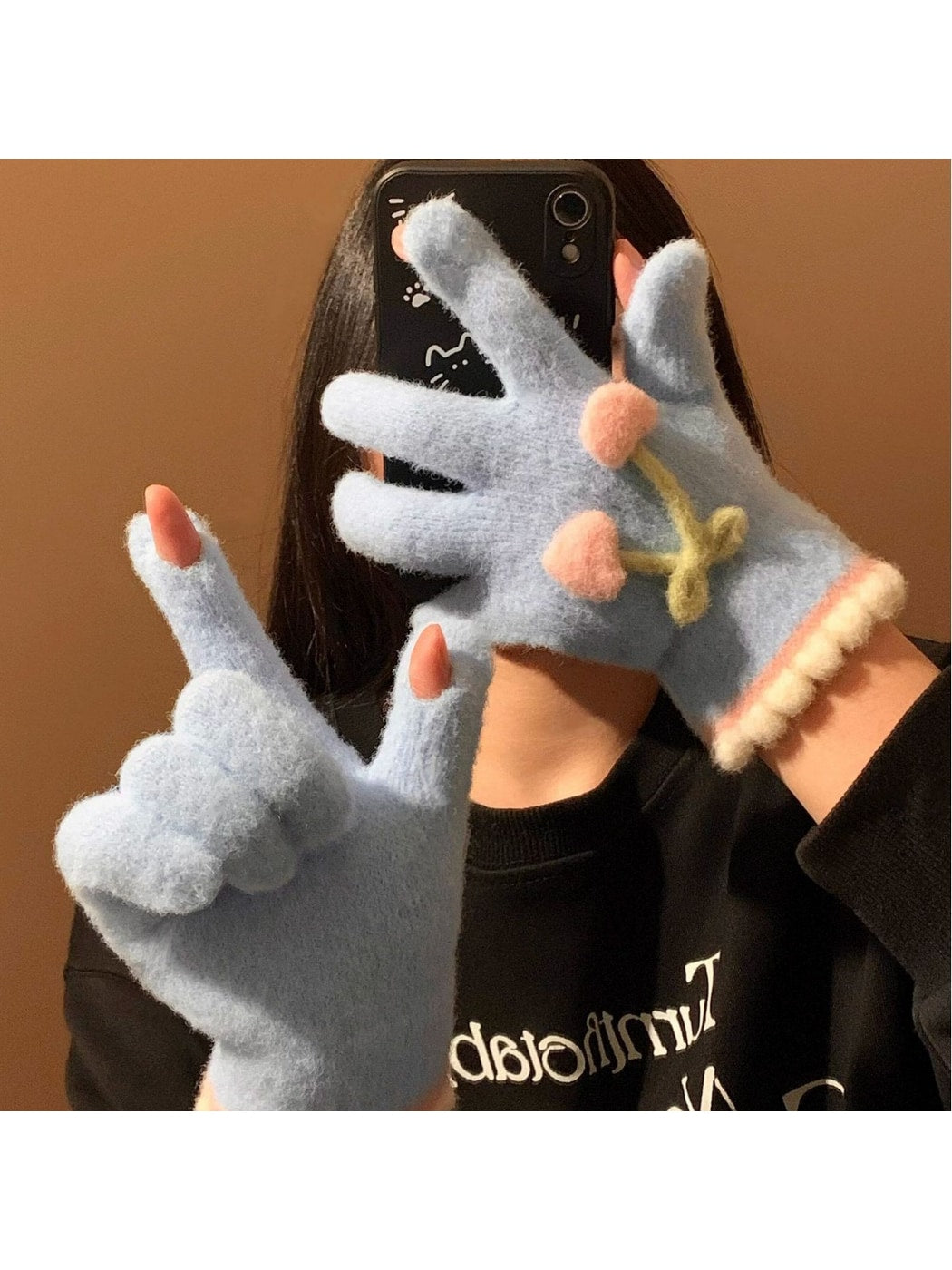 Gloving - Cherry Detail Five-Finger Winter Gloves