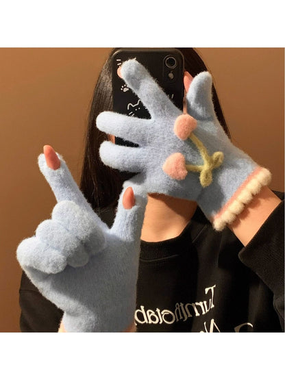 Gloving - Cherry Detail Five-Finger Winter Gloves