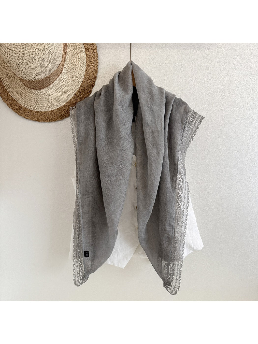 Scarvii - Gray Lightweight Lace Edge Square Scarf