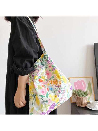 Cosbai Meadow Bloom Slouch Tote Bag front view with floral pattern
