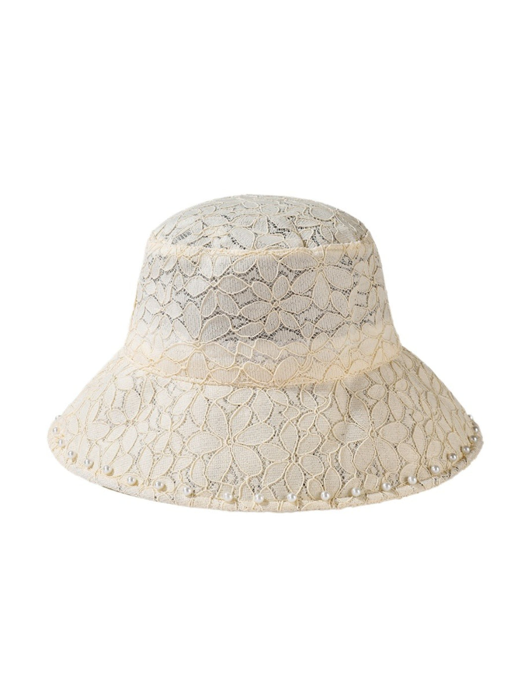 Close-up of Haila bucket hat's floral lace fabric and stitching details