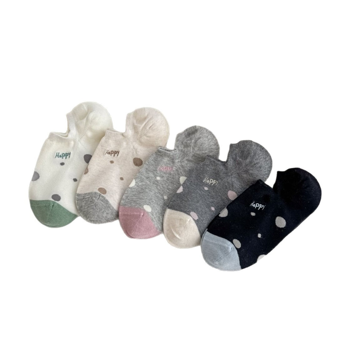 Rufia Happy Dot No Show Socks worn with white sneakers, highlighting low-cut design