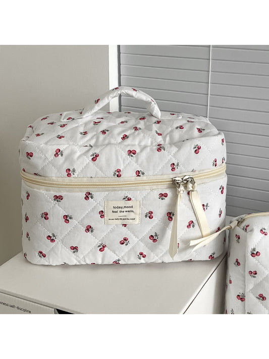 Cosbai cherry print quilted travel makeup bag on white background
