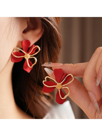 Earwish - Elegant Red & Gold Floral Earrings - Simple & Chic