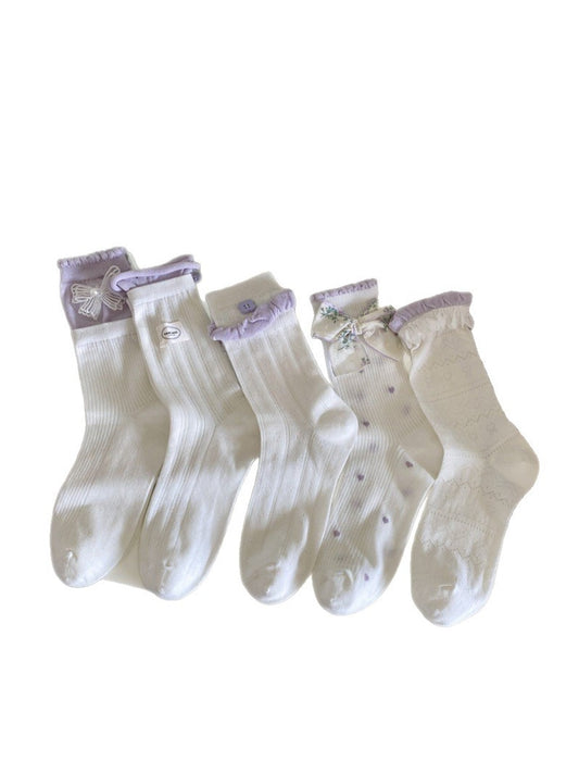 Rufia - Sweet Floral Bow Ruffle Openwork Crew Socks