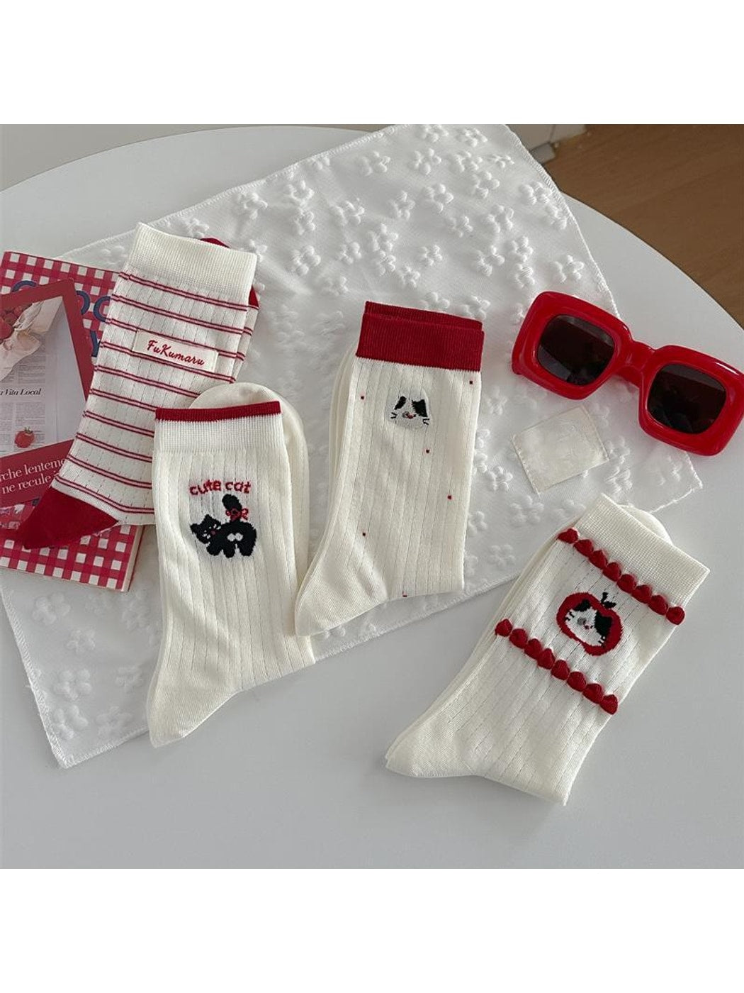Rufia - Playful Cat Embroidered Ribbed Crew Socks