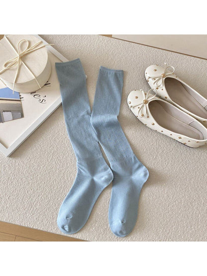 Rufia - Solid Color Ribbed Knee-high Socks