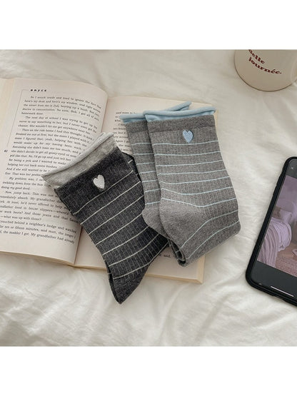 Rufia - Heart Stripe Rolled Cuff Casual Crew Socks