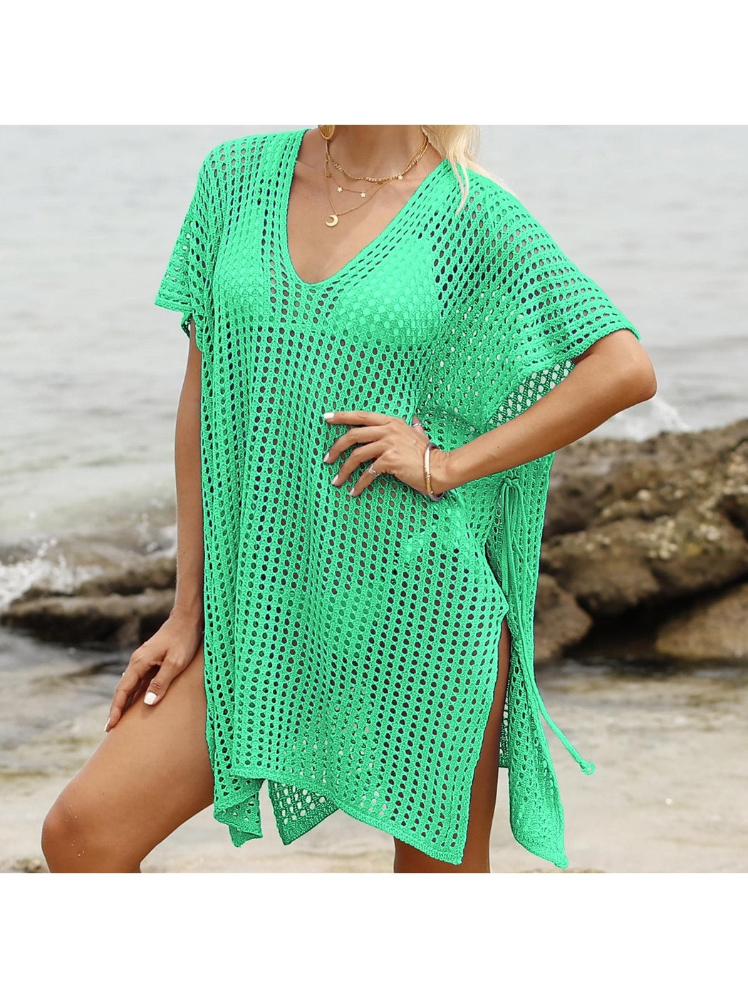 Crosa - Hollow-Out Solid Color Loose Beach Cover Up Dress