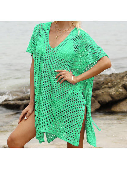 Crosa - Hollow-Out Solid Color Loose Beach Cover Up Dress