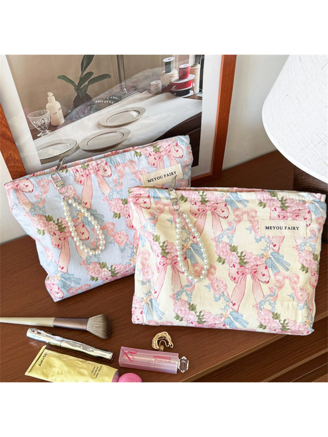 Cosbai Bow Floral Cosmetic Bag with pink and white floral pattern