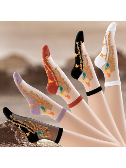 Rufia - Sheer Peacock Embroidery Socks