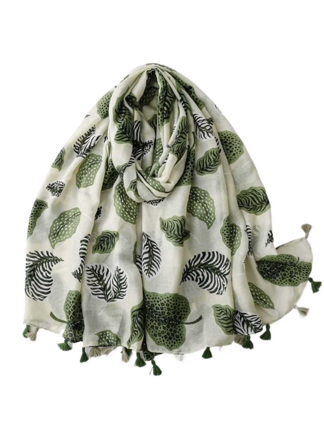 Close-up of Scarvii Jungle Leaf Fringe Scarf fabric texture and detailed leaf print