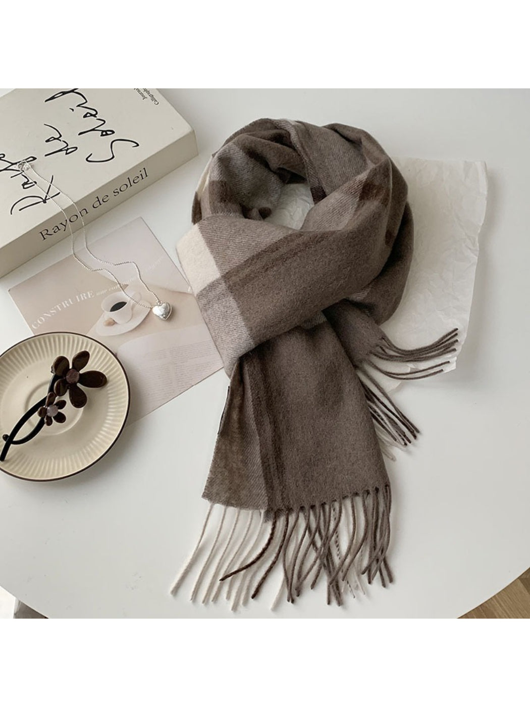 Scarvii - Soft Light Checked Fringe Scarf