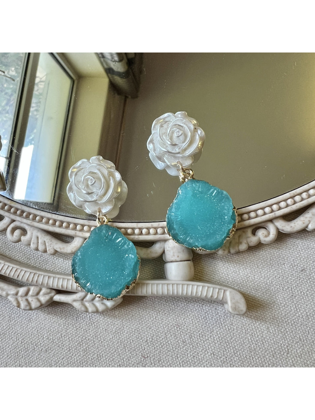 Earwish Gem Look Rose Earrings close-up showing pink gemstone and silver setting