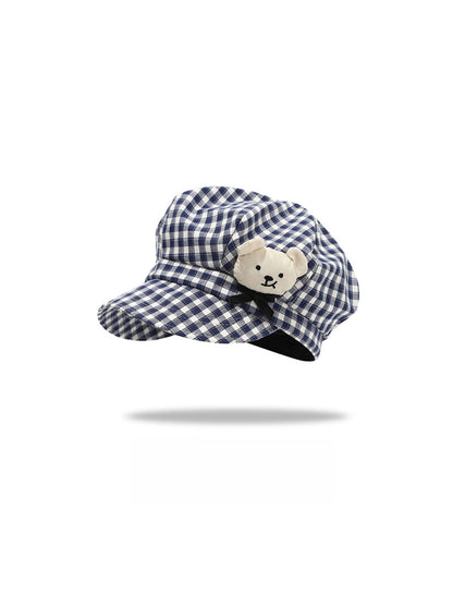 Haila - Plaid Pattern Bear Decoration Beret