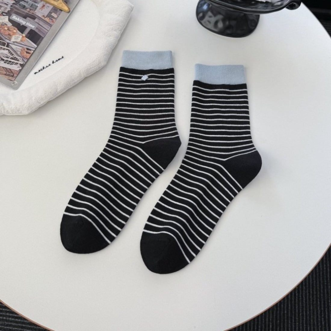 Rufia Everyday Pastel Stripe Crew Socks worn on feet with casual shoes