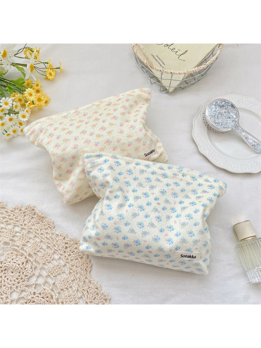 Cosbai Ditsy Floral Ribbed Cosmetic Pouch with pink floral pattern on ribbed fabric