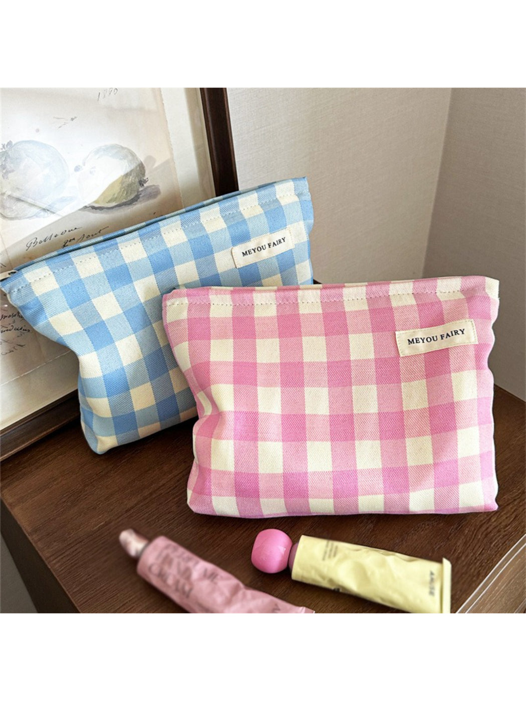 Cosbai pastel check makeup pouch with soft yellow and pink check pattern