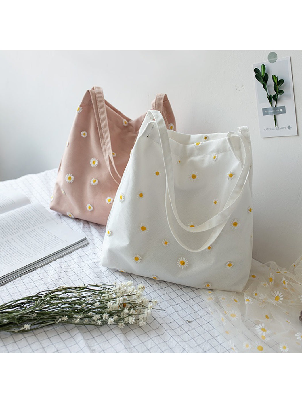Cosbai - Daisy Embroidery Soft Shoulder Tote Bag