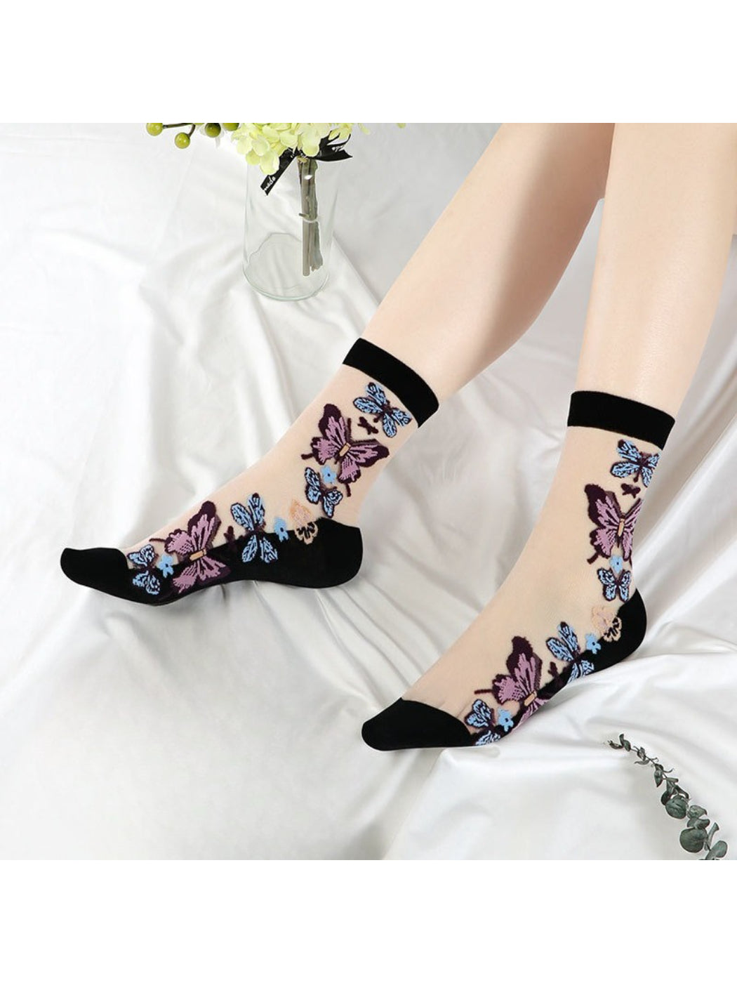 Rufia - Sheer Butterfly Embroidery Crew Socks