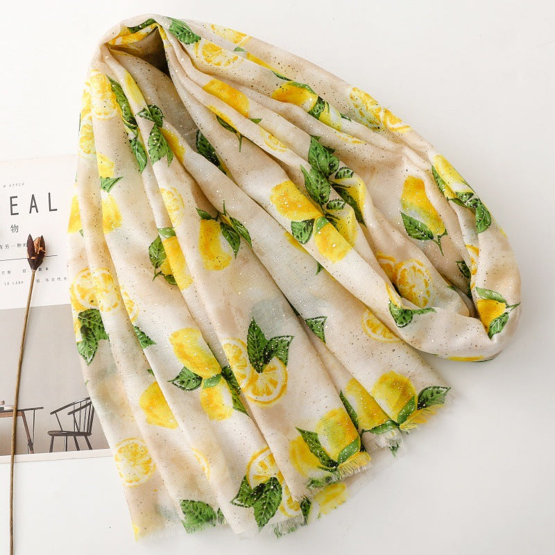 Beige lemon foil print fringed wrap scarf product view