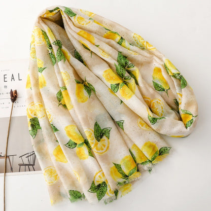 Beige lemon foil print fringed wrap scarf product view