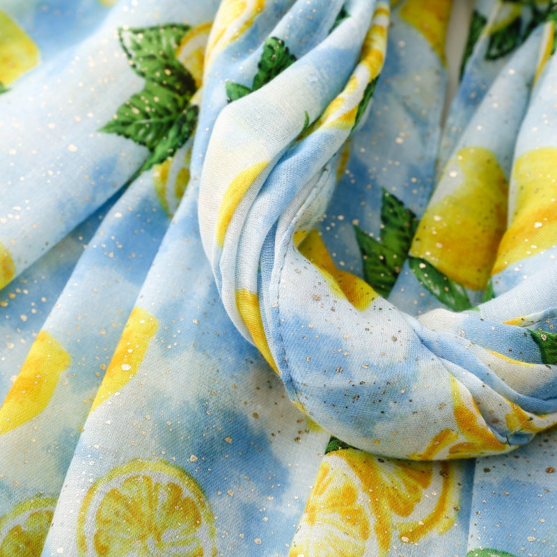 Blue lemon foil print fringed wrap scarf fabric detail